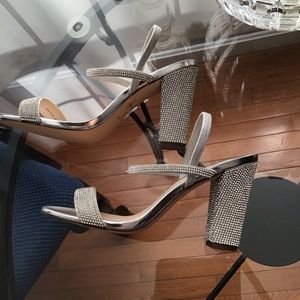 Womens Nima heels, silver with rhinestone detail, size 6.5